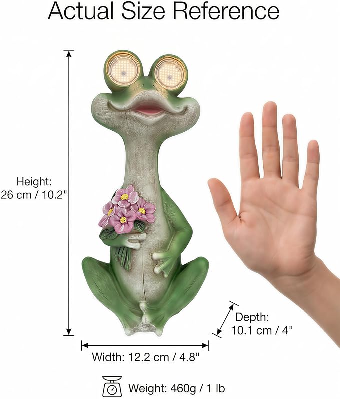 iStatue Solar Frog Garden Statue with Blinking Light-Up Eyes, Resin Outdoor Garden Decor Frog Holding Flowers, Waterproof Animal Figurine for Patio Lawn Yard Porch Balcony (Green)