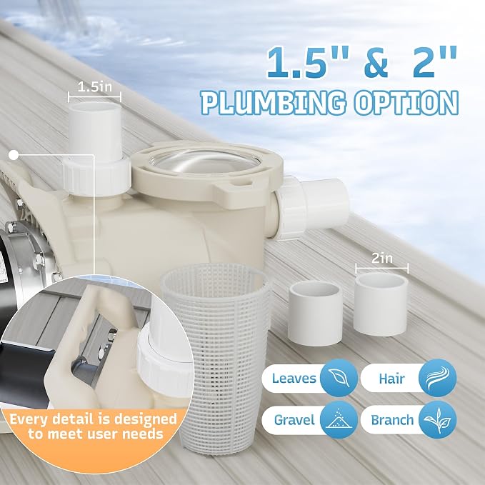1HP Pool Pump, 115/208-230V Pool Pump Inground, 5785GPH, In/Above Ground Pool Pumps, Low Nosie, Powerful Self Primming Swimming Pool Pump with 2"/1.5" Fittings - 2 Year Warranty
