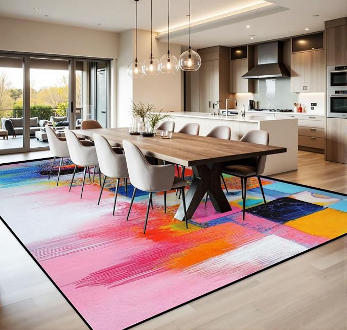 10x14 Area Rugs for Living Room Abstract Orange Pink Colorful Yellow Blue Red Texture Bold Strokes Washable Large Area Rug for Bedroom Non Slip Outdoor Carpets Soft Mats Kitchen Home Office Decor