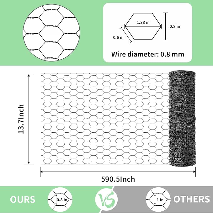 Chicken Wire 13.7 in x 590.5 in Poultry Wire Netting Hexagonal Galvanized Mesh Garden Fence Barrier for Pet Rabbit Chicken Fencing with 100 Pcs Cable Zip Ties(PVC-Coated)