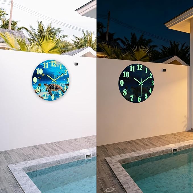 jomparis Outdoor Clocks Waterproof 12 Inch Coastal Sea Turtle Luminous Glass Wall Clock for Pool Patio Bathroom