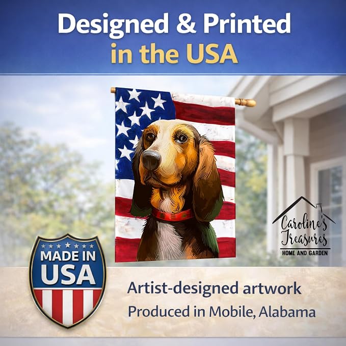 Caroline's Treasures CK6464CHF Bruno Jura Hound Dog American Flag House Flag Large Porch Sleeve Pole Decorative Outside Yard Banner Artwork Wall Hanging, Polyester, House Size, Multicolor
