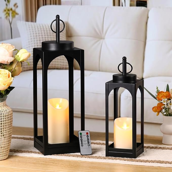MATAHUM 18" 13" Decorative Lanterns Set of 2, Black Metal Farmhouse Lanterns with Flameless Candles, Outdoor Lantern Decor Indoor Candle Lantern for Fireplace, Porch, Patio, Garden, Wedding