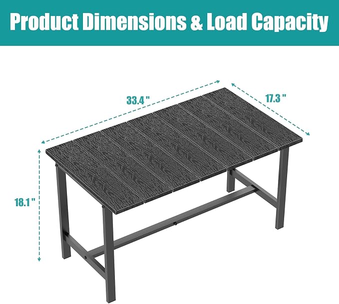 Outdoor Coffee Table, 33.4"L x 17.3"W x 18.1"H Rectangle Weather-Resistant Patio Coffee Table, Metal Heavy-Duty Frame Coffee Side Table, Waterproof for Garden, Porch, Balcony, Deck, Poolside, Black