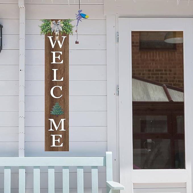 Interchangeable Welcome Sign for Front Door Standing 47"X8" with 12 Pcs Designed Icons Outdoor Front Porch Tall Garden Patio Signs Large Vertical Leaner Vertical Wood Frame Outside Decor (Wood)