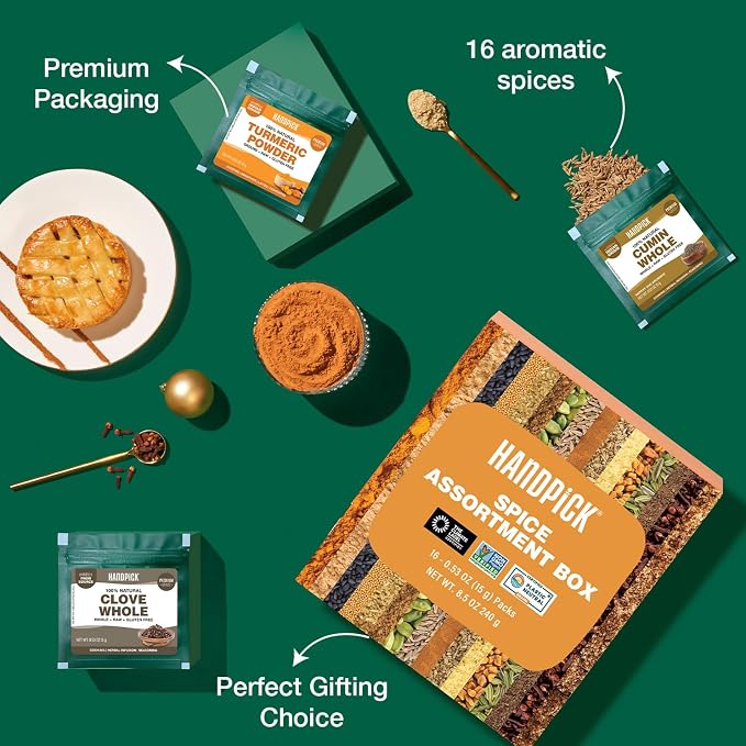 HANDPICK Assorted Spice Set – 16 Exotic Spices | Gluten-Free, Non-GMO | Essential Cooking Gift Set from India