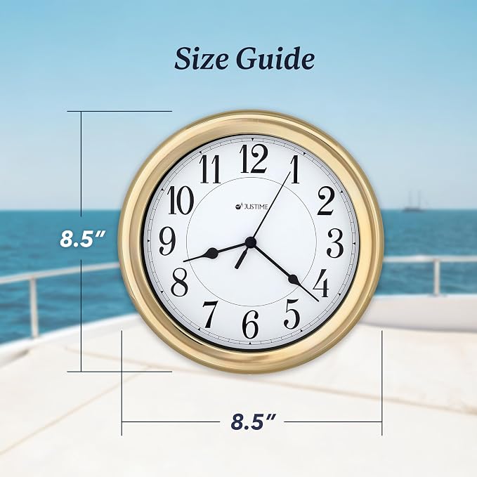 JUSTIME 8.5 Inch Water-Resistant Wall Clock for Bathroom, Kitchen, Boat, RV — Silent Non-Ticking, Battery Operated, 3-Point Mount, Indoor Outdoor Analog Clock for Humid Areas & Marine Use