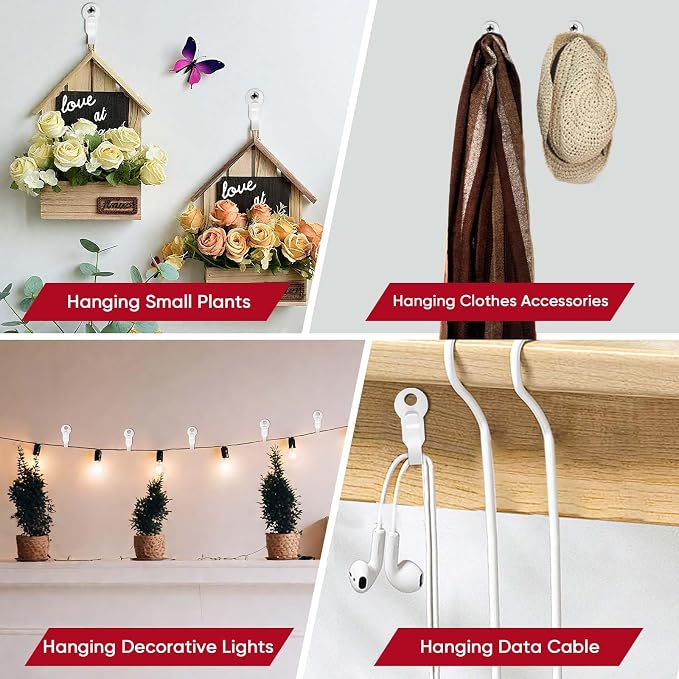 60 Pack Hooks for Outdoor String Lights Clips, Metal Heavy Duty String Light Hook with Screw & Adhesive Strips, Christmas Light Clips for Outside or Indoor Holiday Decor, Fairy Led Lights, Etc. White