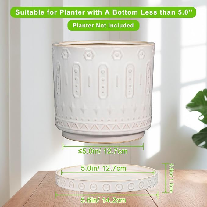 Eightpot Ceramic Plant Saucer, 2 Pack Plant Trays for Pot, 5.6 Inch Plant Pot Saucers for Indoor Outdoor, Round Plants Plates to Catch Water, Boho Decorative Plants Dishes to Catch Water, Cream White
