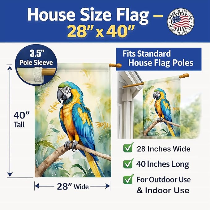 Caroline's Treasures Blue and Gold Macaw House Flag Large Porch Sleeve Pole Decorative Outside Yard Banner Artwork Wall Hanging, Polyester, House Size, Multicolor