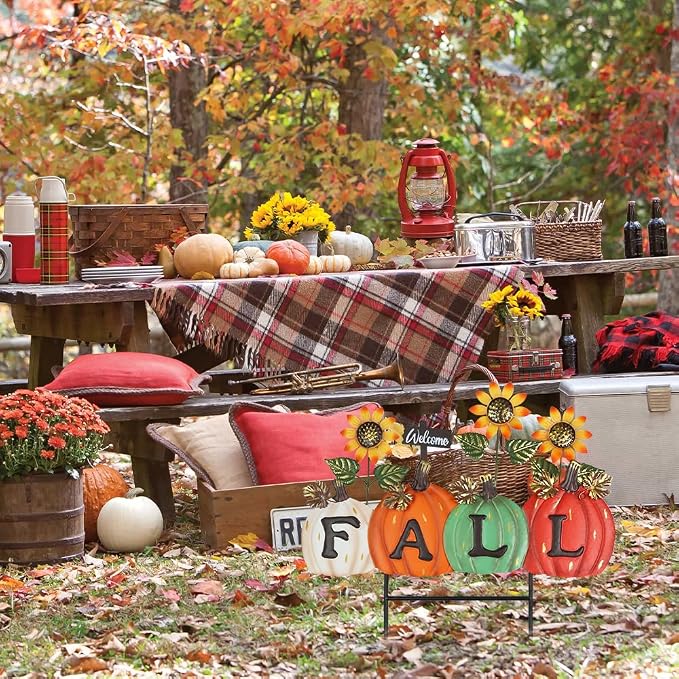 YEAHOME Fall Decorations Outdoor, Fall Letter Pumpkin Decorative Garden Stakes with Sunflower for Fall Decor, Metal Yard Signs for Home Outside Garden Lawn Porch Thanksgiving Decorations