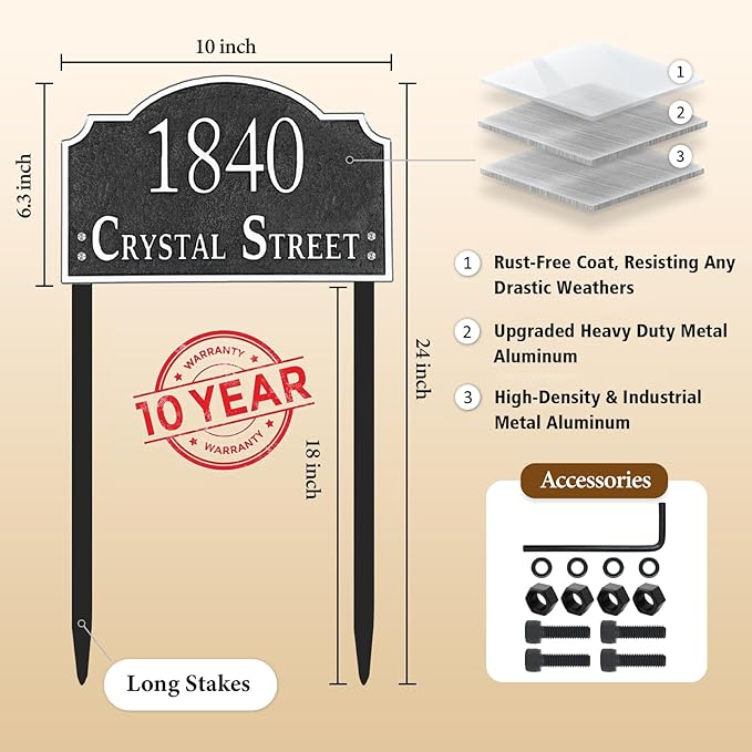 Personalized Address Sign LAWN MOUNTED - Custom House Number Sign Plaque,Address Plaque,House Address Numbers for Outside House Lawn,Yard,Garden,Drive Way Metal with Stakes(Red Copper)