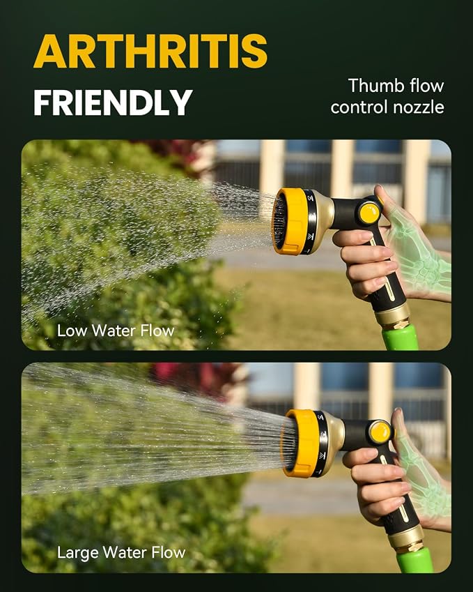 RAINPOINT Garden Hose Nozzle Heavy Duty - 100% Metal Thumb Control Spray Nozzles for Garden Hose High Pressure, 10 Patterns Water Hose Nozzle for Car Wash, Watering Lawn and Pets, Yellow
