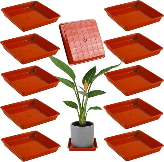 10 Pack Square Plant Saucer 12 Inches Plant Trays for Pots Plastic Square Drip Trays Flower Pot Saucers Black Planter Water Tray Plant Drainage Tray, Brick Red