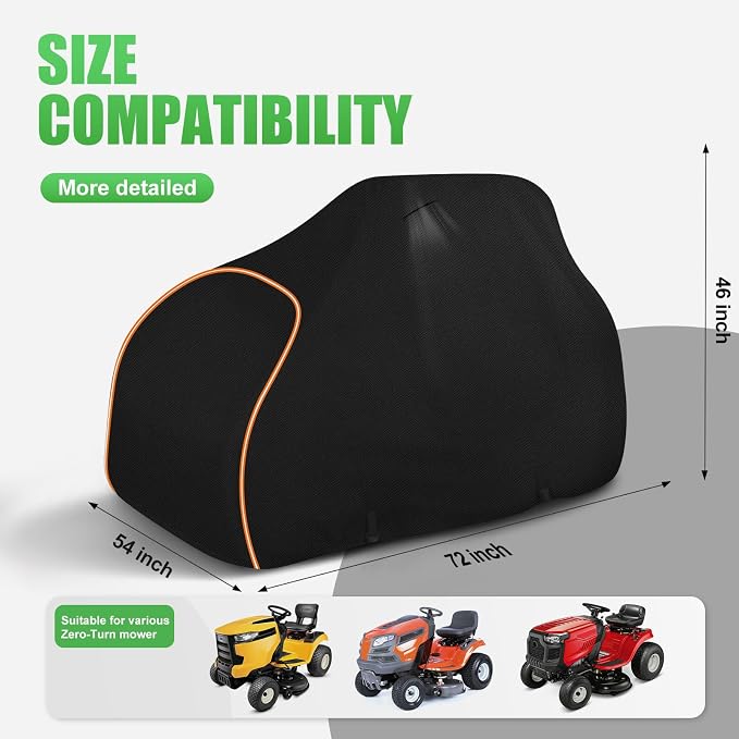 Riding Lawn Mower Cover Heavy Duty Waterproof for Outdoor, 72"x54"x46" | Fits John Deere, Craftsman, Husqvarna, EGO, Greenworks, 420D with Cotton Lining, Windproof Elastic Hem and Buckles