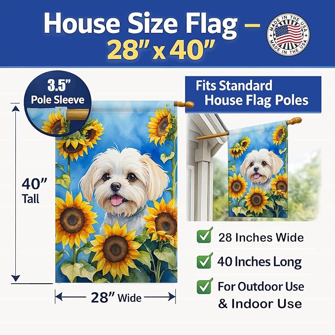 Caroline's Treasures DAC6117CHF Maltese in Sunflowers House Flag Large Porch Sleeve Pole Decorative Outside Yard Banner Artwork Wall Hanging, Polyester, House Size, Multicolor