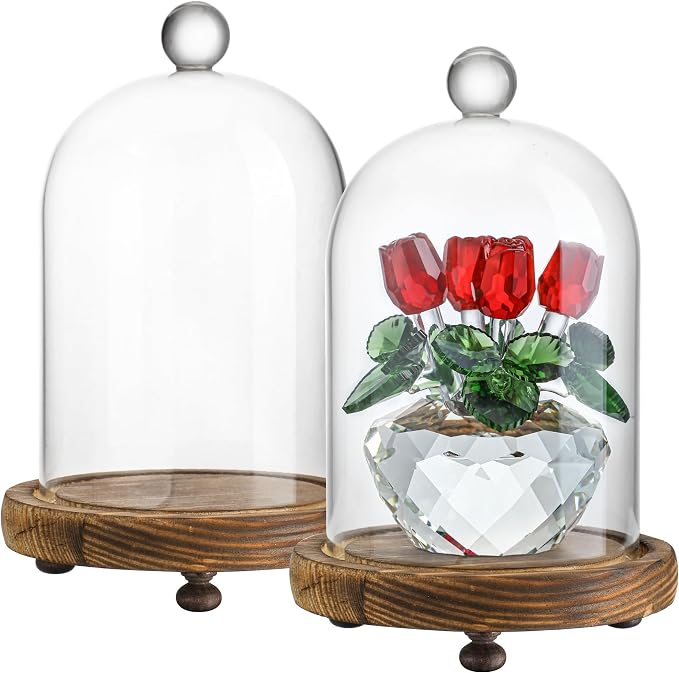 2 Pack Decorative Glass Cloche Bell Jars with Wooden Bases, 6.4" Tall Tabletop Accent Covers for Seasonal Centerpieces, Fairy Lights and Home Decor