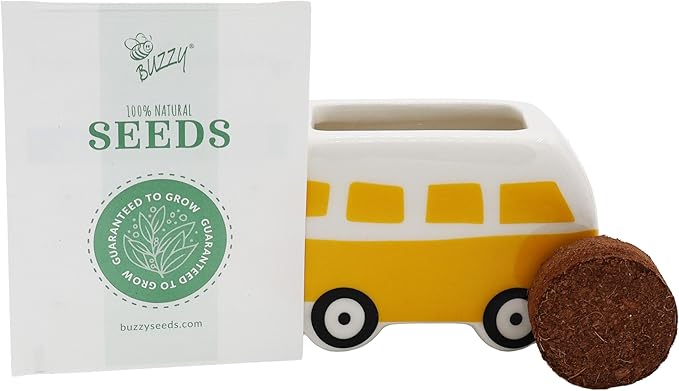 BUZZY Seeds Mini Ceramic Flower Bus Grow Kit 4-Pack - Bus Ceramic Planter - Complete Indoor/Outdoor Gardening Kit with Seeds, Coconut Husk Growing Medium & Genuine Pots - 100% Grow Guarantee