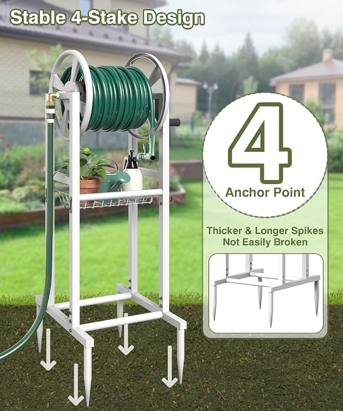 Freestanding Garden Hose Reel holds 125ft Hose of 5/8" with 4 Hooks, 4-Spike Outdoor Hose Holder with 3.9ft Leader Hose & Brass Fitting, Detachable Metal Hose Stand with Storage Rack, White