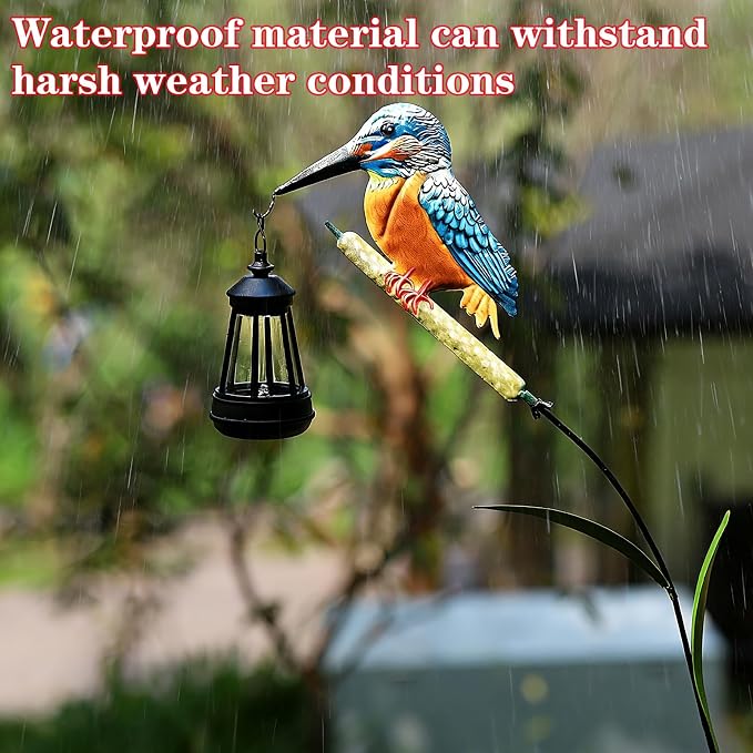Solar Kingfisher Statue for Outdoor Garden Decor, 6.1 Inch Outside Metal Bird Craft Ornaments with Solar Lantern for Garden, Patio, Yard, Lawn -Birthday Gifts for Women Mom Grandma
