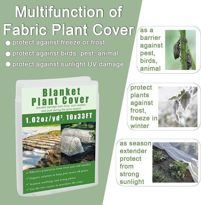 Plant Covers Freeze & Sun Protection, 10x33ft Thickened Reusable Frost Blanket, Non-Woven Row Cover Garden Fabric for Winter Frost, Cold Weather,and Sun Protection for Outdoor Plants, Vegetables