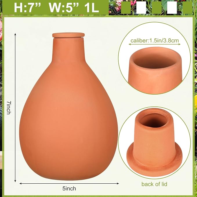 Blushtier 4 Pcs Watering Pots Large Terracotta Watering Pots with Lid 34 oz Terra Cotta Self Watering Pots Water Dripper Automatic Plant Irrigation Devices System for Indoor Outdoor Plants