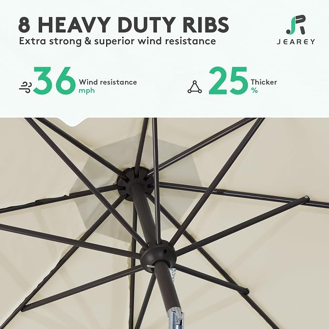JEAREY 9FT Outdoor Patio Umbrella Outdoor Table Umbrella with Push Button Tilt and Crank, Market Umbrella 8 Sturdy Ribs UV Protection Waterproof for Garden, Deck, Backyard, Pool (Tan)