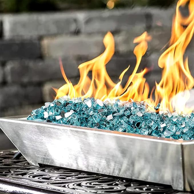 Onlyfire 10 lbs Fire Glass Rocks 1/4 Inch, Reflective Tempered Glass for Propane Fire Pit & Gas Fireplace, High Luster Firepit Glass Stones for Fire Table, Aqua Blue (Multicolor Options Available)