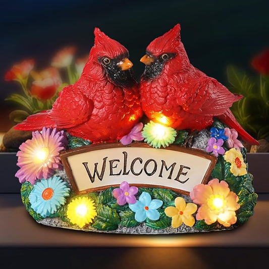 Solar Garden Statues 5.3" Couple Red Cardinal Figurines with Welcome Sign Waterproof Flower Garden Decor LED Lights for Outdoor Yard Patio Lawn Gifts for Mother Grandma Wife Sister Women
