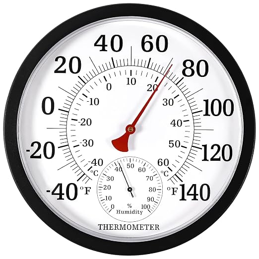 10.5 Inch Indoor Outdoor Thermometer Large Numbers - Weather Thermometer Hygrometer Waterproof, No Battery Needed Outdoor Thermometers for Patio, Home, Garden Decoration (Black)
