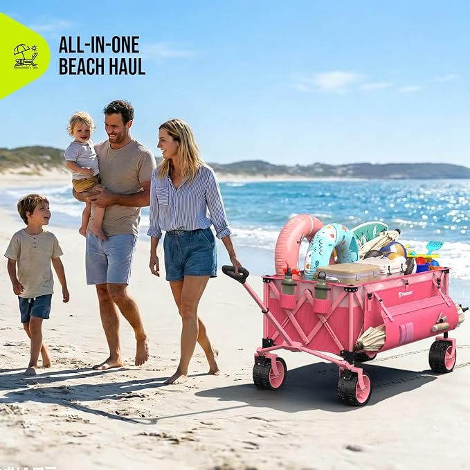 Hikemoon 300L Extra Large Wagons Carts Foldable, 560LBS Heavy Duty Collapsible Beach Wagon 48" Long with Big All-Terrain Wheels, Utility Folding Cart for Camping, Sports, Garden, Pink