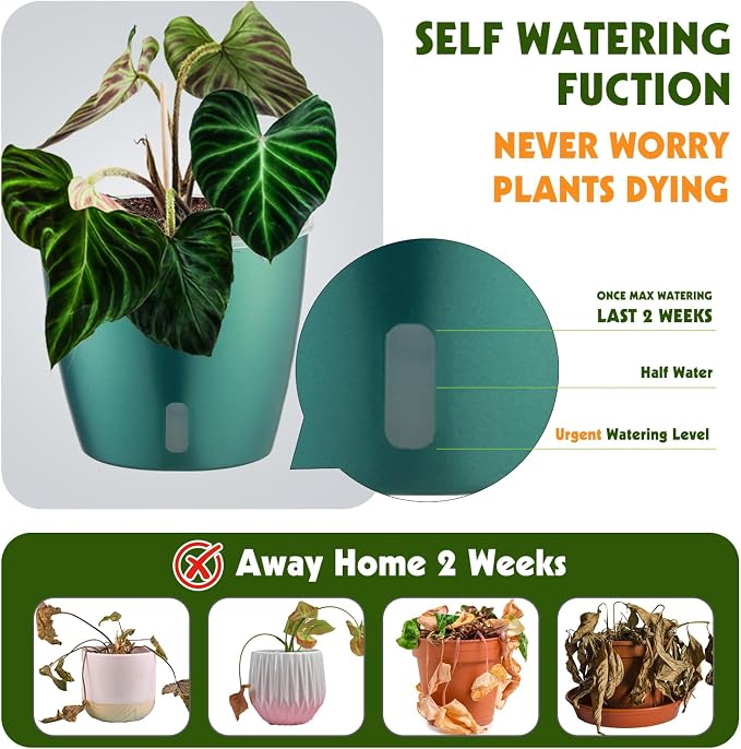 Self-Watering Pots for Indoor Plants, 4-Pack 6.7'' Self Watering Planter with Drainage Holes, Small African Violet Pots with Water Indicator, Orchid Pot, White/Grey/Blue/Rose Gold