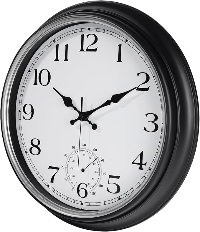 JoFomp Large Waterproof Outdoor Clock with Thermometer Combo - 16 inch Silent Non Ticking Quartz Battery Operated Wall Clock for Patio, Home, Pool, Garden, Porch, Deck (Silver, 16 Inch)