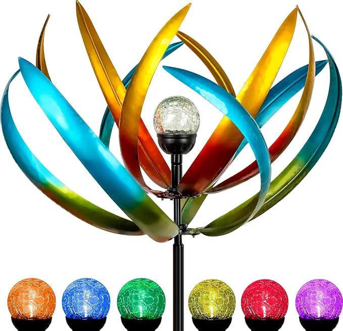 83" Large Solar Wind Spinner Outdoor - Metal Tulip Flower Sculpture with Multi-Color LED Glass Ball - Waterproof Kinetic Yard Art for Garden Lawn Patio, Mother’s Day Birthday Gardening Gifts