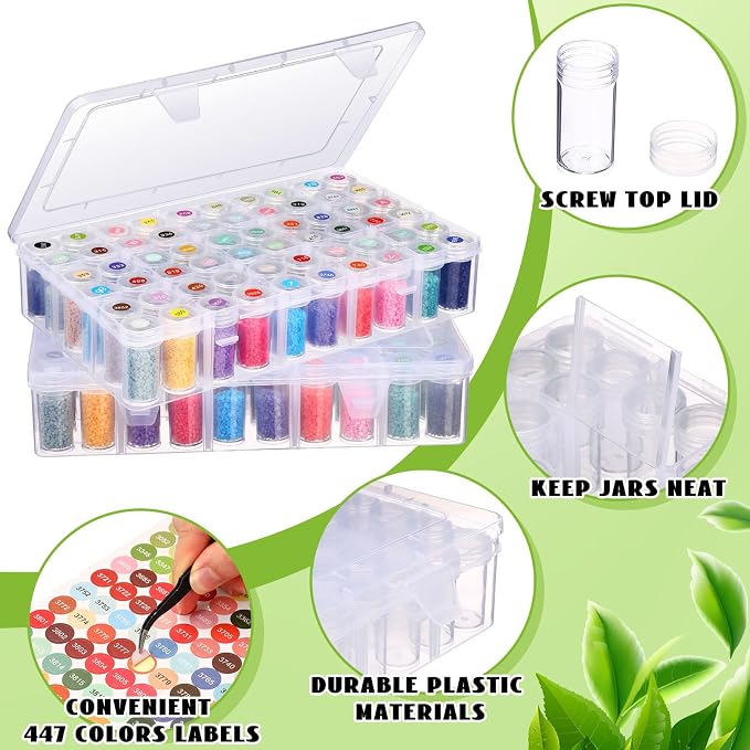 Willinglong 2 Pack Diamond Art Storage Containers Set, Grids Bead Organizer Box with Diamond Painting Accessories Labels for Jewelry Art DIY Dot Craft Bead Storage