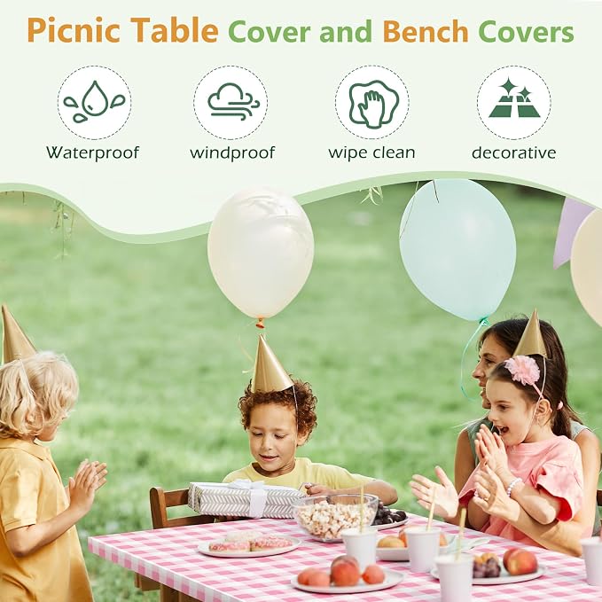 Picnic Table Cover with Bench Covers and Bag, Camping Table Camping Essentials Cover with Elastic Edges(Pink)