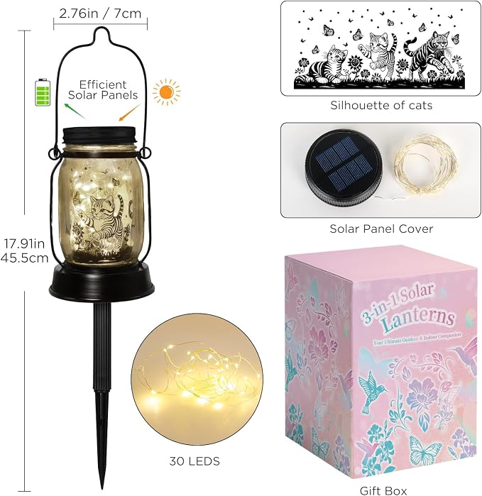 kyoryuger Cat Gift for Women Cat Gifts Solar Lantern, Cat Solar Lights Outdoor Cat Lover Gifts for Women Men Cat Lovers Gifts Hanging Cat Lanterns for Yard Garden Decor Waterproof Lantern Torches