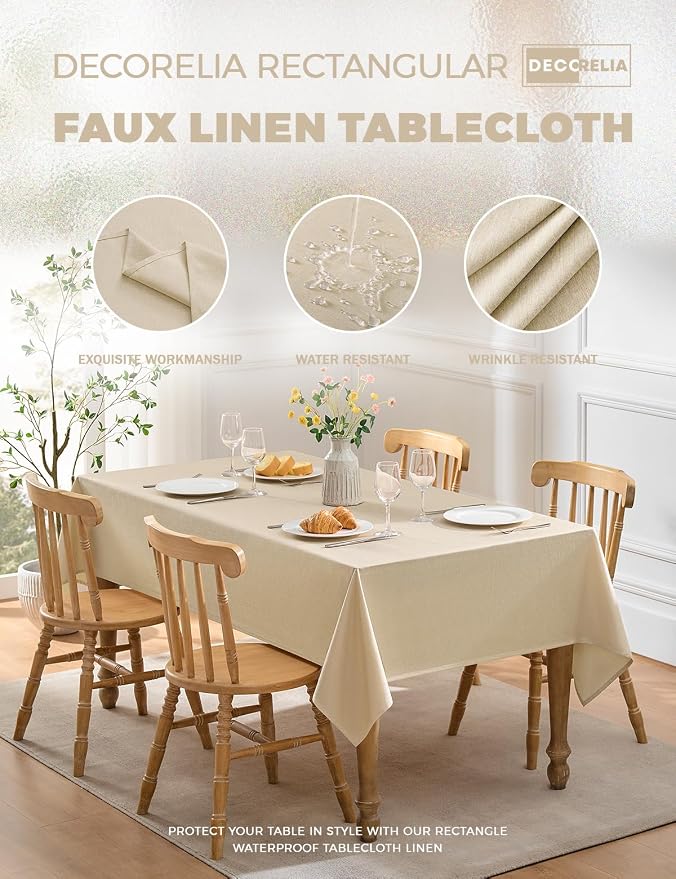 Decorelia Faux Linen Farmhouse Table Cloth 60"x144" for 10 ft Rectangle Table, Beige Waterproof Outdoor Washable Cloth Tablecloth for Rectangular Dining Room Kitchen Outdoor Party Restaurant Table