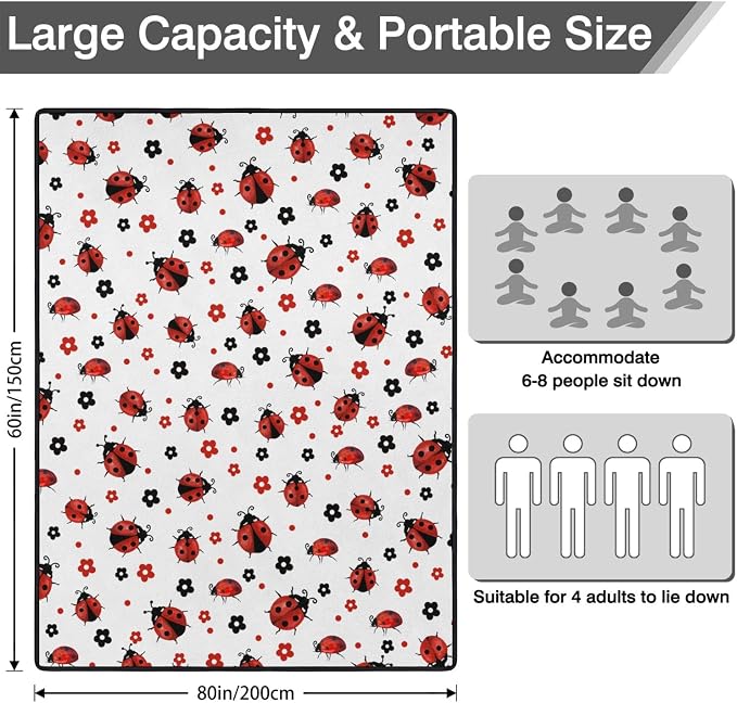 Ladybug Blankets Waterproof Foldable60’‘x80'', Ladybug Portable Outdoor Picnic Mat Water Resistant for Grass,Padded Lawn & Park Blanket for Camping,Ladybug Decor Accessories Stuff