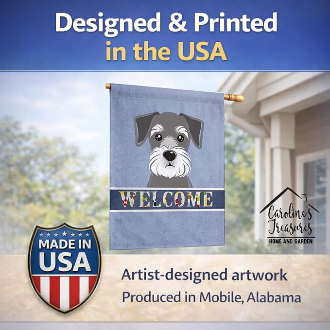 Caroline's Treasures BB1392CHF Schnauzer Welcome House Flag, Blue Large Porch Sleeve Pole Decorative Outside Yard Banner Artwork Wall Hanging, Polyester, House Size, Multicolor
