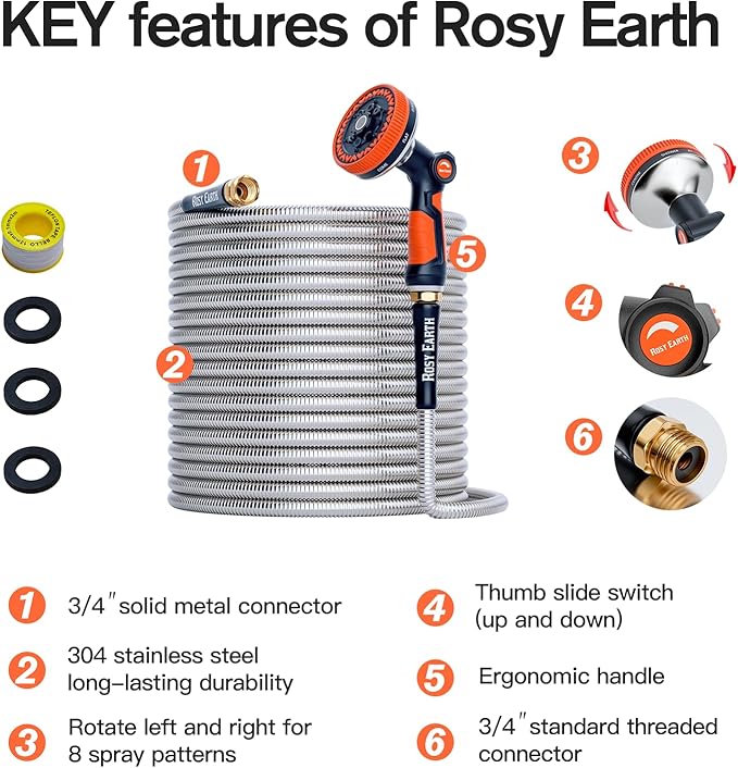Rosy Earth 100ft Stainless Steel Garden Hose, Heavy Duty Metal Water Hose with 8 Functional Ultra-Wide Nozzle, No-Kink Outdoor Hoses Flexible Tough Water Hose Sprayer for Yard, RV
