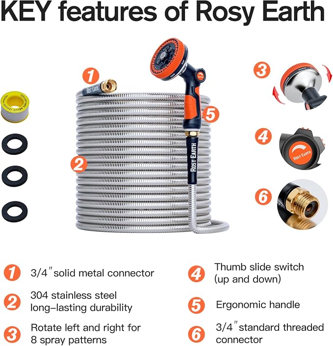 Rosy Earth 25ft Stainless Steel Garden Hose, Heavy Duty Metal Water Hose with 8 Functional Ultra-Wide Nozzle, No-Kink Outdoor Hoses Flexible Tough Water Hose Sprayer for Yard, RV