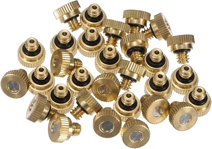 M METERXITY 30-Pack Brass Misting Nozzle, 0.004" 0.1mm Orifice 10/24 UNC O-Ring Replacement Mister Nozzles Plug Mister Heads for Garden Patio Outdoor Cooling System Low-Pressure Atomizing