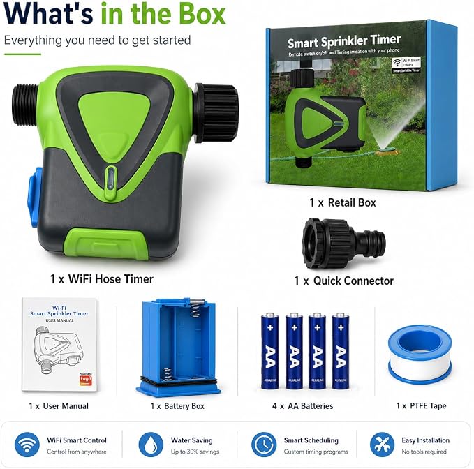 Smart WiFi Hose Timer No Hub Required, App-Controlled Sprinkler Timer for Garden Hose, Automatic Watering Timer for Lawn Yard Greenhouse, Rain Delay, 3/4 Inch Faucet, IP65 Waterproof