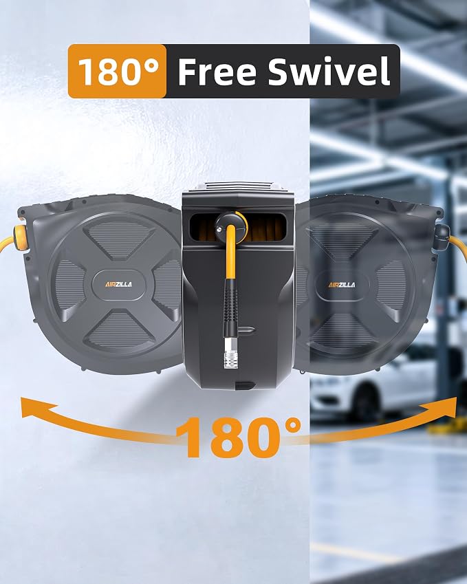 Retractable Air Hose Reel, 3/8" x 100Ft Flex Hybrid Air Hose Max 300PSI Kink-resistant Air Compressor Hose Reel Auto Rewind with 6Ft Lead in, Quick Connect, 180° Swivel Mounting Kit.