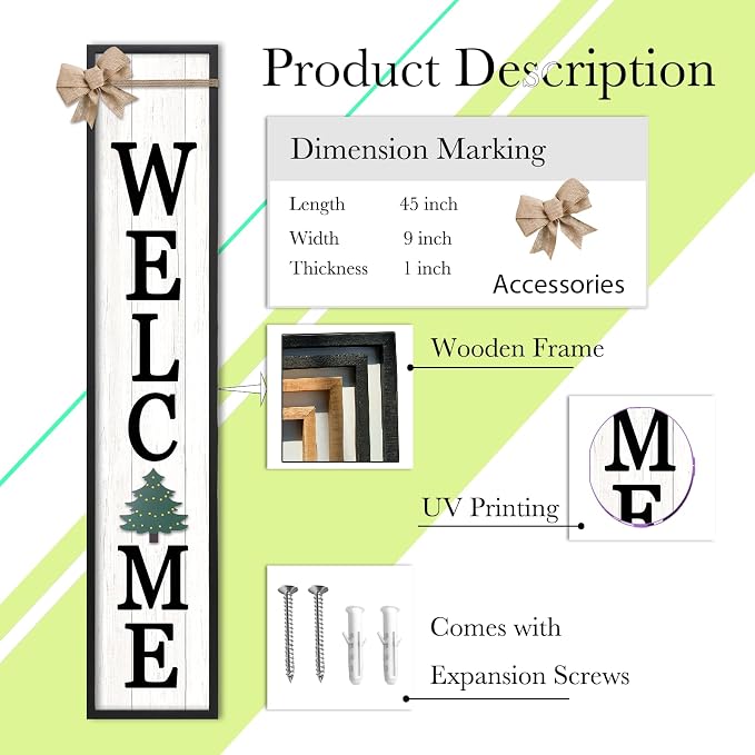 Interchangeable Welcome Sign for Front Door Standing, 45"X9" with 12 Pcs Replaceable Icons Rustic Outdoor Tall Front Porch Farmhouse Outside Wreath Leaner Vertical Decor (Black)