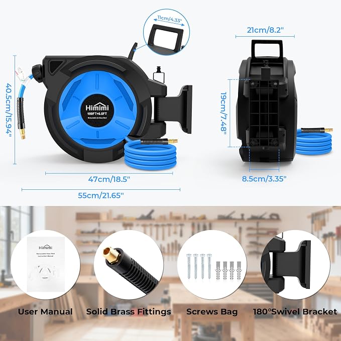 Retractable Air Hose Reel, 3/8" x 100 Ft Hybrid Hose Air Compressor Hose Reel with 6.5 Ft Lead-in Max 300 PSI, Air Hose with Any Length Lock, Automatic Rewind, 180° Swivel Bracket, Quick Coupler
