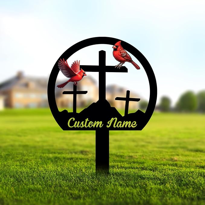 Personalized Garden Sign with Stakes, Cross Metal Decor, Cardinal Decorative Outside, Yard Sign Outdoor, Gift for Mom, Welcome to Garden, God Bless You Decor Gifts