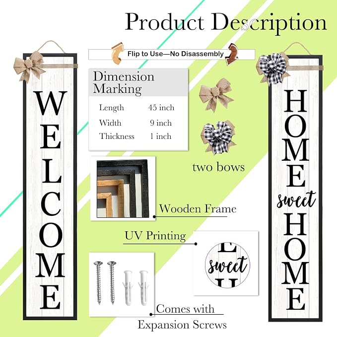 Outdoor 2in1 Welcome Sign for Front Door Home Sweet Home Sign for Farmhouse Tall Outdoor Front Porch Standing 2 Sided 45"X9" Large Vertical Leaner Rustic Outside Decor (Black)