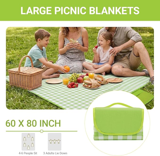 Waterproof Foldable Picnic Blanket Outdoor with Carry Strap,80"X60" Extra Large Beach Blanket Sandproof,Portable Soft Gingham Picnic Mat for Camping Travel Hiking Family Concerts Park(Green)
